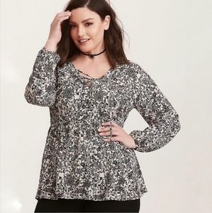 Torrid PAISLEY PRINT CHALLIS LACE-UP BABYDOLL BLOUSE
